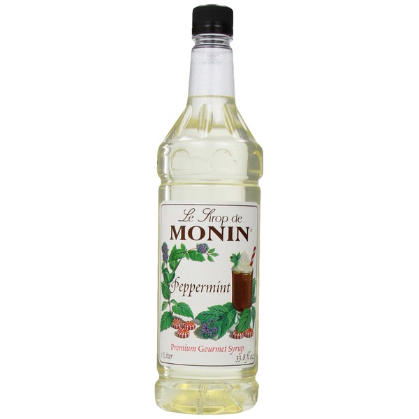 Monin - Peppermint Syrup, Cool Tingle of Candy Cane, Natural Flavors, Great for Cocoas, Mochas, Smoothies, and Sodas, Non-GMO, Gluten-Free (1 Liter, 4-Pack)
