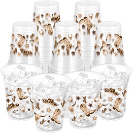 ZCPTZ 100 Pcs Brown Cowboy Plastic Cups, 16 oz Western Cowboy Disposable Clear Party Cups for Cowboy Birthday Party Baby Shower Last Rodeo Party Supplies