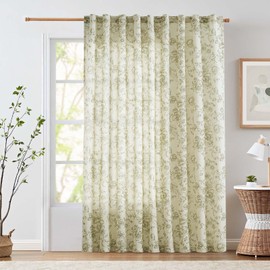jinchan Linen Floral Curtain - Extra Wide for Patio Sliding Glass Door Room Divider - Living Room - 84 Inch Length Farmhouse Peony Green Printed Curtain Set