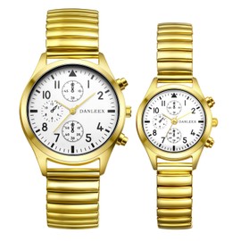 JewelryWe Pair of Watches Analogue Quartz Partner Friendship Wristwatch Elastic Metal Strap Ultra Thin Watch with Illuminating Hands Gift for Men Women Silver, Gold - Couple Watches, Bracelet