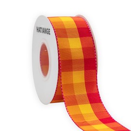 HATIANGE Wired Plaid Ribbon Orange Pink Yellow Checks,1-1/2" X 11 Yards,for Easter,Spring, Summer, Birthday, Wreath, Birthday, Gift Bows, Christmas