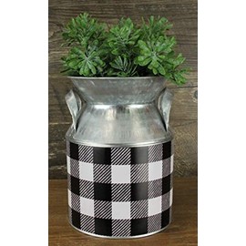 GiftWrap Etc. Buffalo Plaid Metallic Milk Jug - 5" Diameter, 7" Tall, Farmhouse Kitchen, Black & White Gingham, Christmas, Handles, Metal Decor, Flower Pot, Garden Decor, Festive Succulent Pot