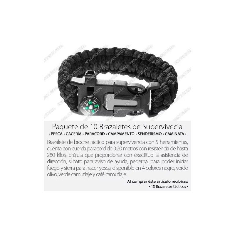 Mercader Digital Paquete De 10 Pulsera Supervivencia Táctica Paracord Mayoreo