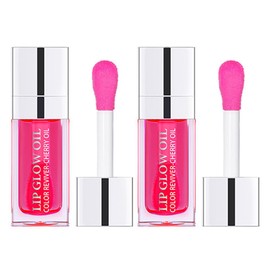 Plumping Lip Oil, Hydrating Gloss Tinted Lip Balm Transparent Lip Care, Big Brush Head Glitter Shine, Long Lasting Nourishing Non-sticky Fresh Texture(2PCS CHERRY)