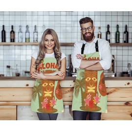 WONDERTIFY Hawaiian Style Apron,Seaside Palm Trees and Beautiful Flowers Bib Apron with Adjustable Neck for Men Women,Suitable for Home Kitchen Cooking Waitress Chef Grill Bistro Baking BBQ Apron