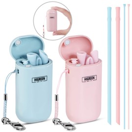 Higreen Reusable Silicone Collapsible Straws (2020 Upgrades,Regular Size,Extra Long)- 2 Pack Portable Drinking Straw with Carrying Case and Cleaning Brush, 100% BPA Free (Blue&Pink-case)