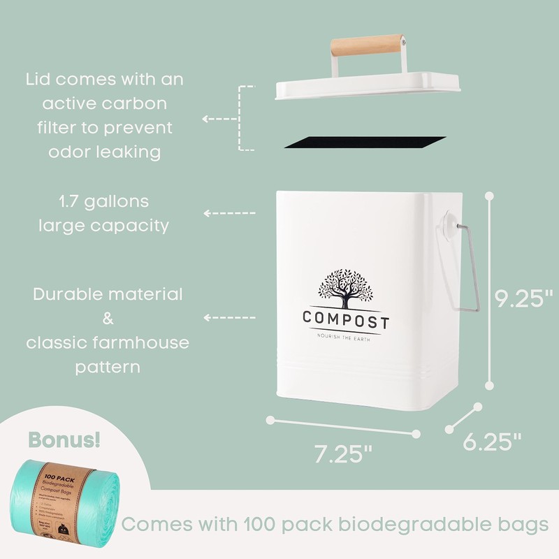 Perfnique Kitchen Compost Bin, 1.7 Gallon Countertop Compost Bin with