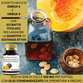 Kürbiskerne 70 Weichkapseln | Weichkapseln mit kaltgepresstem Öl, standardisiert an Omega 3, Omega 6 und Omega 9, Linolsäure und Ölsäure | 1 Weichkapsel täglich