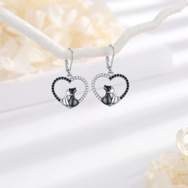 LOOVE Sterling Silver Cat Earrings Dangle Heart Black Cat Earrings Animal Earrings for Women Dangling