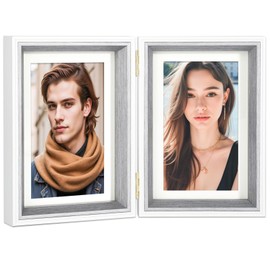 Epecfan Double Hinged 4x6 Picture Frame with Real Glass in WhiteGrey- Display 3x5 with Mat or 4x6 without Mat, Foldable Photo Frame for Tabletop, Nice Gift for Family & Wedding Memories(PS006-GYX6)