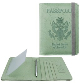 WALNEW Passport Holder for Travel, RFID Passport Cover Wallet for Women Men, PU Leather Passport Book Case with Pen Holder and Clear Photo Slot, Light Green
