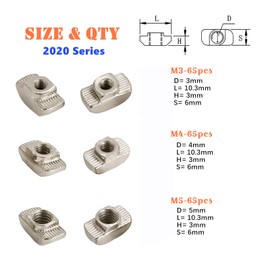YMAISS 195Pcs M3 M4 M5 Hammer Head Drop in T Nut Slot Assortment Kit for 2020 Series Aluminum Profile - Nickel Plated Carbon Steel in Box