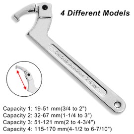 Wadoy Spanner Wrench Set Adjustable C Pin Spanner Hook Wrench Chrome Vanadium 4 Pcs Include 3/4-2", 1 1/4-3", 2-4 3/4", 4 1/2-6 7/10" for Vehicles Mechanical Equipments Tighten Lock Nuts and Bearings