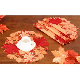 GRANDDECO Thanksgiving Placemats Set of 4 Washable Round Applique Cutwork Embroidered Maple Leaves Table Mats for Dining Table, 14 inch (4pcs placemats, Orange Red, Maple Leaves-1)