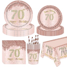 70th Birthday Party Supplies-Complete Pack 70th Birthday Party Tableware Set Rose Gold 70th Birthday Party Plates Cups Napkins Straws Tablecloth Serves 16 for 70th Birthday Party Decorations