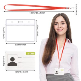 ID Card Holder with Strap Set, Pack of 10 Transparent Card Sleeves, 10 Pieces Lanyard Black with Rotating Clip, ID Holder for Students