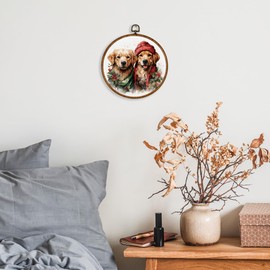 KSDUT Dog Christmas Wall Decor Art - Cute Golden Retriever Textile Wall Art Canvas Frame Hanging Prints, Dog Puppy Xmas Holiday Round Wall Art Decor for Home Bedroom Decorations 10"x10"