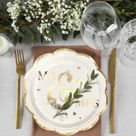 LeZakaa 25Pcs Wedding Paper Plates - Mr & Mrs Design Gold Foil Retro Disposable Party Plates Decorative Tableware Supplies for Wedding, Engagement, Bridal Shower - 9 Inch