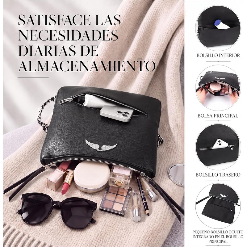 Bolso bandolera de piel para mujer, Bolso cruzado para mujer
