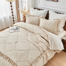 Simple&Opulence 100% Cotton Muslin Duvet Cover Set, 3 PCS Gauze Shabby Chic Ruffle Comforter Cover with 2 Pillowshams Frill Farmhouse Textured Hand Stitching Bedding Quilts Set(Khaki, King)