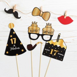 LINGTEER Happy 17th Birthday Party Photo Booth Props,Cheers to 17th Birthday Seventeen Years Old Bday Party Centerpieces Props Decorations Sign.