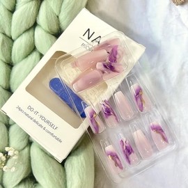 Press on Nails Medium Marbling False Nails Gold Foil Lines Design Purple Smudge Fake Nails Artificial Acrylic Nails Full Cover Glossy Reusable Coffin Nails Glue on Nails for Women 24Pcs