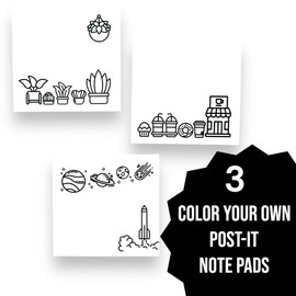 A Brighter Year Color Your Own Post-It Notes Bundle - 3 Sticky Note Pads - 3” x 3” Self Stick Notes - Coffee, Plant, & Space Themes -School, Office, Home, Travel, Notebook - Relaxation, Stress Relief