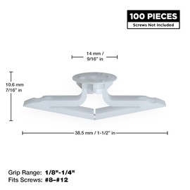 TOGGLER Toggle TA Hollow-Door Anchor, Polypropylene, Made in US,1/8" to 1/4" Grip Range, For #8 to #12 Fastener Sizes (Pack of 100)