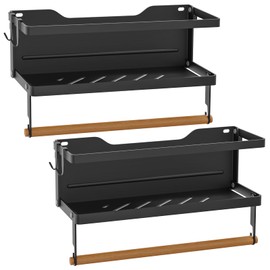 Temste 2 Pack Magnetic Spice Rack for Refrigerator,Moveable Spice Organizer with Paper Towel Holder & 4 Hooks,Foldable Magnetic Shelf for Fridge and Oven,Rustproof Seasoning Rack for Kitchen,Black