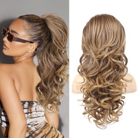 SEIKEA Ponytail Extension, 22" Long Wavy Curly Drawstring Ponytail Multi-layered Fluffy Thick Clip in Hair Extensions Ponytail Natural Soft Synthetic Hairpiece Brown to Blonde