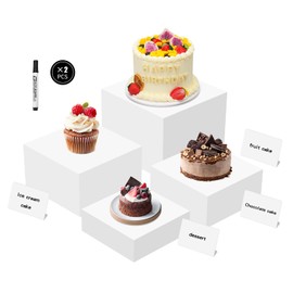 Acrylic Buffet Risers, 4 Pcs Risers Display Stands, Food Risers for Buffet Table, Acrylic Display Cube Box, White Nesting Risers for Display Dessret Cupcake Collectibles Jewelry, with 4 Mini Signs