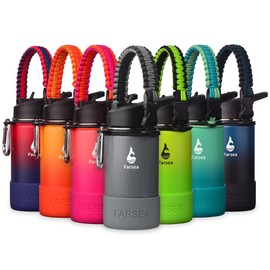 Farsea - Botella de agua aislada con mango de paracaídas, bota protectora de silicona y 2 tapas (tapa de popote y tapa de boquilla), botella de agua de acero inoxidable boca ancha, doble pared a prueba de sudor, sin BPA, 12 onzas