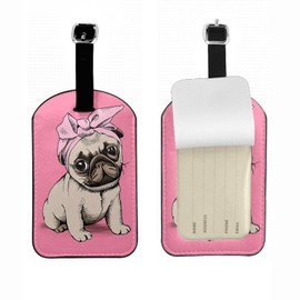 Zoczos Puppy Pug Luggage Tag Wearing Pink Headband Sitting On Ground Suitcase Tag with Strap for Handbag School Bag Label ID, 1 Pack
