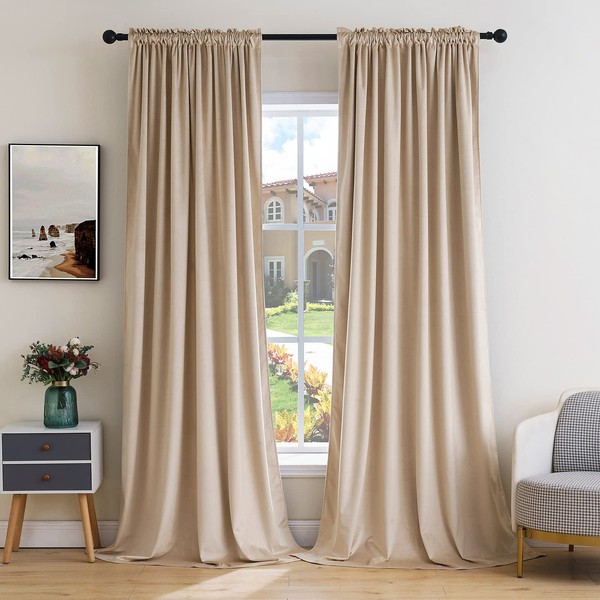 MIULEE Camel Beige Velvet Curtains Thermal Insulated Blackout Curtain Drapes for Bedroom Living Room Darkening 96 Inches Long Curtains Panels Rod Pocket Set of 2