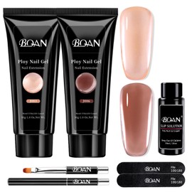 BQAN Poly Nail Gel Kit - 2 Translucent Jelly Builder Gel Colors (30ml) with Slip Solution & Brush | Non-Lifting Nail Extensions for Salon & DIY | Low Odor Jelly brown, 1 Fl Oz (Pack of 2))