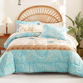 Cmfshape Blue Coastal Queen Size Comforter Set 7 Pieces,Starfish Printed Bedding Bed in A Bag,Soft Microfiber Comforter with Sheet Sets,Pillowcases&Shams for All Season,90x90