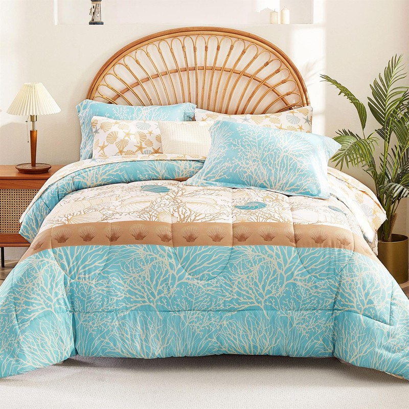 Cmfshape Blue Coastal Queen Size Comforter Set 7 Pieces,Starfish Printed
