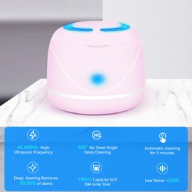 Ultrasonic denture cleaner for dentures, mouth guards, toothbrush heads, jewelry - 45 kHz Ultrasonic Retainer Cleaner (Pink)
