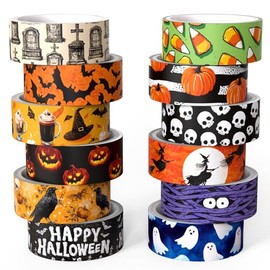 Juego de cinta washi para Halloween, 12 rollos de cinta decorativa de murciélago de calabaza, fantasma, calavera de caramelo, bruja, para suministros de diario, álbumes de recortes