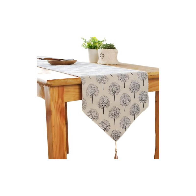CosyAurora Linen Table Runner Mulberry Trees Beige, Seasonal Kitchen Dining