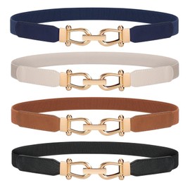 JasGood Skinny Elastic Waist Belt Thin Women's Vintage Belt Fashion Stretchy Belt Stretch Waist Belt with Golden Buckle, B-Black+Brown+Blue+Beige