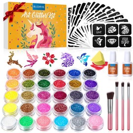 Kit de tatuajes con purpurina, juego de tatuajes temporales de 30 colores para niñas, 147 plantillas, 4 pinceles, 2 pegamentos, tatuajes con purpurina para niños o adultos, para niñas y niños,