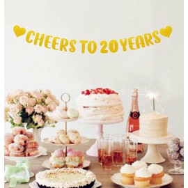 bng-bng Cheers to 20 Years Gold Glitter Banner 20th Wedding Anniversary Happy 20th Birthday Bunting Party Decorations Golden