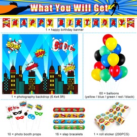 DECORLIFE Superhero Party Decorations, 6.4 x 4.9ft Backdrop, 16pcs Slap Bracelets, 60pcs Balloons, 200pcs Stickers, Photo Booth Props, Happy Birthday Banner Included for Superhero Birthday Party