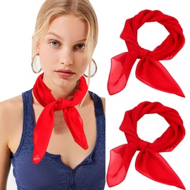 2 Pack Red Bandana Chiffon Neck Scarf, Unisex Square Plain Neckerchief, Cooling Bandana Wrap Head Scarf for Face Covering