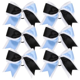 Cheerleader Bows 8 Inch 3 Colors 2 Layers 6 Pcs Jumbo Ponytail Holder Cheerleading Bows for High School College Hair Elastic Hair Tie (Black/Columbia Blue)