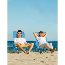 BDL Low Beach Chairs for Adults 2 Pack, Portable Lightweight Folding Chair Cup Holder & Carry Bag, Set of 2 Folding Beach Chair for Outdoor, Sand, Camping, Concert, Travel（Blue）