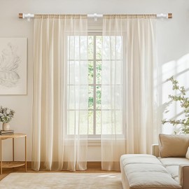 Wood Curtain Rods for Windows 48 to 84 Inch,1 Inch Boho Heavy Duty Curtain Rods with Imitation Wood Grain Finials,Adjustable Farmhouse Rustic Drapery Rod(4-7ft),White