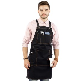 Under NY Sky Work Apron - Pro Denim or Twill, Leather Trim, CrossBack - Chef, Bartender - Black Twill