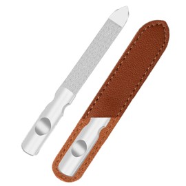 Professional Double-Sided Nail Files, Glass Manicure Stick with Non-Slip Handle, Cleaning Tip and Leather Case, Washable, Premium, Silver, 90 mm